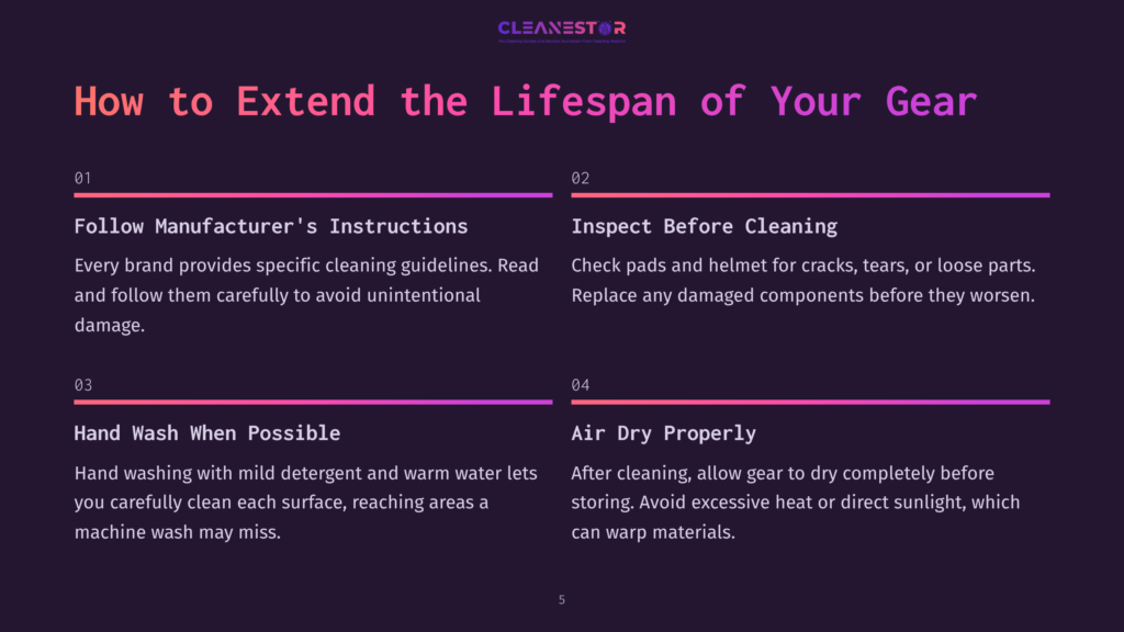 Four Numbered Steps On A Dark Background: Clear Guidelines For Cleaning Football Pads And Helmets, Emphasizing Care And Maintenance.