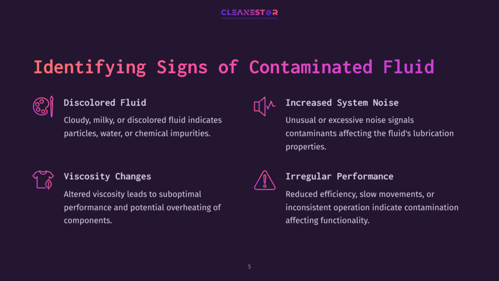 5 Identifying Signs Of Contaminated Fluid Infographic Titled &Quot;Identifying Signs Of Contaminated Fluid&Quot; With Four Sections: Discolored Fluid, Increased System Noise, Viscosity Changes, And Irregular Performance, Each With An Icon And Descriptive Text.