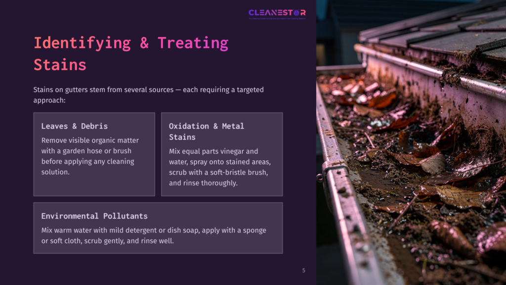 5 Identifying And Treating Stains Close-Up Of A Clogged Gutter Filled With Wet, Decaying Leaves And Debris, Showing The Effects Of Oxidation And Metal Stains. Text Overlay: &Quot;Identifying &Amp; Treating Stains.