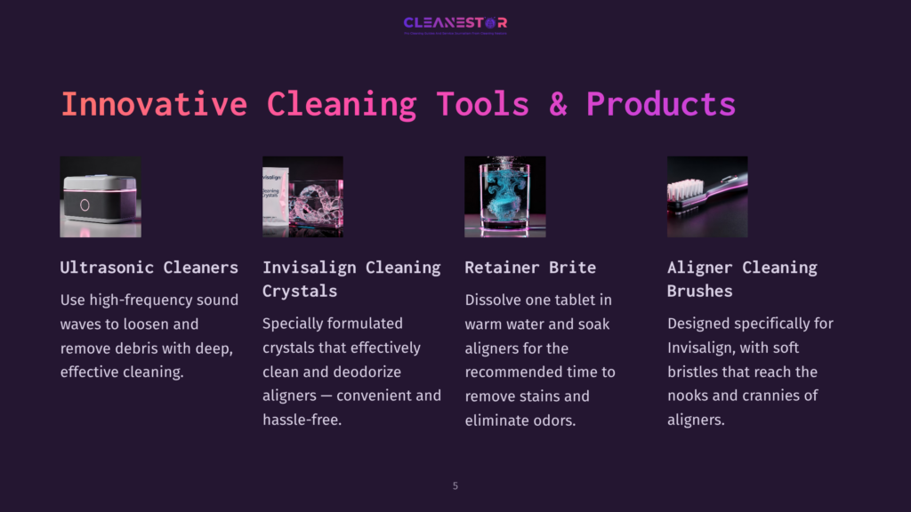 Four Product Images On A Dark Purple Background: Ultrasonic Cleaner, Invisalign Cleaning Crystals, Retainer Brite, And Aligner Brush, Each With A Brief Description.