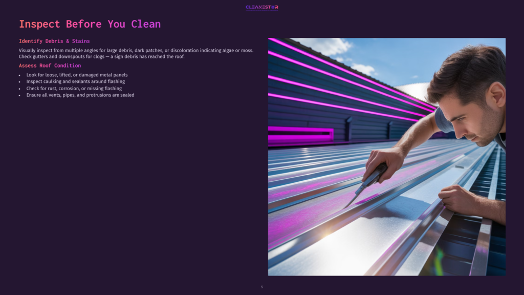 5 Inspect Before You Clean A Man Inspects A Metal Roof With A Utility Knife, Checking For Debris And Damage. The Roof Has Reflective Panels And Is Illuminated By Purple Lights.