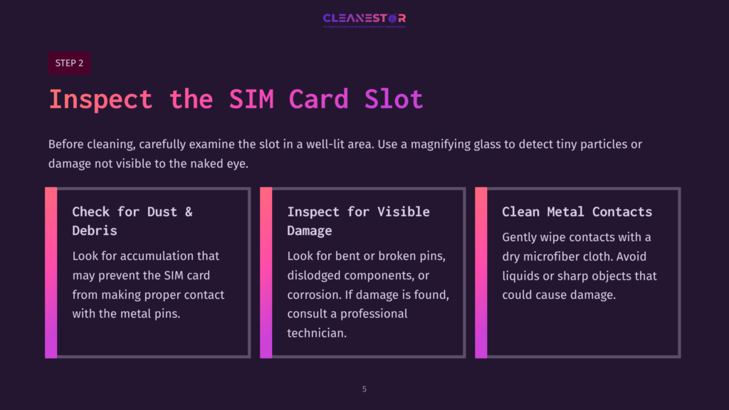 5 Inspect The Sim Card Slot Instructions On Inspecting And Cleaning A Sim Card Slot, Featuring A Purple Background, White Text, And Bullet Points For Clarity.