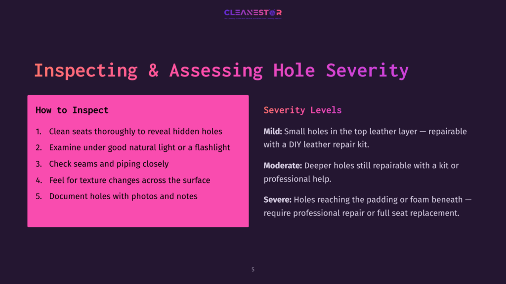 Slide Titled &Quot;Inspecting &Amp; Assessing Hole Severity&Quot; With Sections &Quot;How To Inspect&Quot; And &Quot;Severity Levels.&Quot; The Inspection List Includes Cleaning Seats, Examining Under Light, Checking Seams, Feeling Texture, And Documenting Holes. Severity Levels Describe Mild, Moderate, And Severe Holes In Leather.