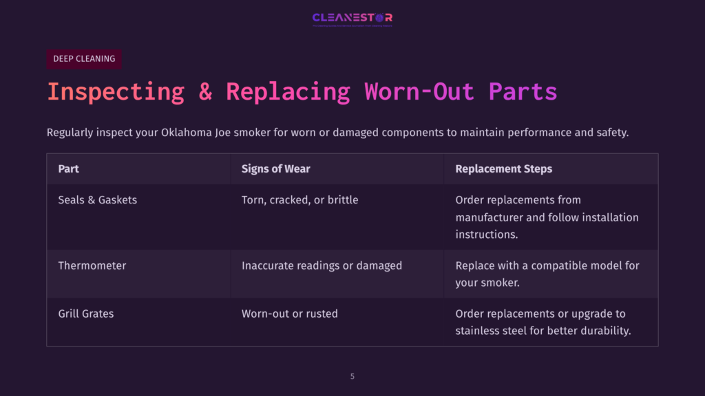 A Clean, Organized Table With Purple And White Text Detailing Signs Of Wear And Replacement Steps For An Oklahoma Joe Smoker'S Parts.