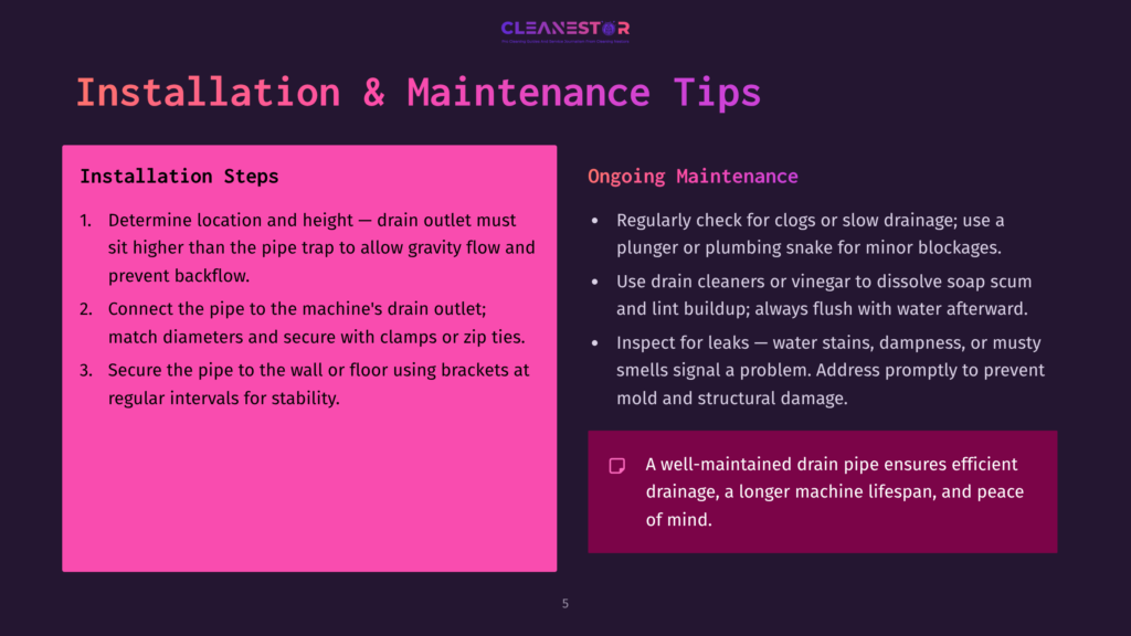 Cleanestor Installation And Maintenance Tips: Steps For Drain Installation And Ongoing Maintenance, Including Checking For Clogs And Flushing With Water.