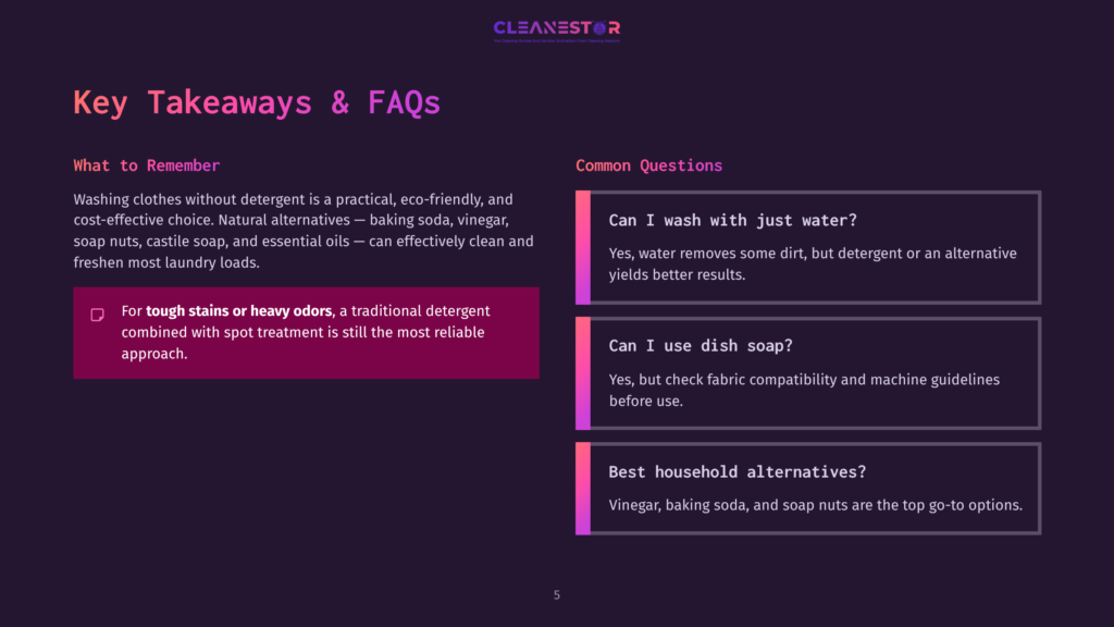 Cleanestor Presentation Slide With &Quot;Key Takeaways &Amp; Faqs&Quot; At The Top. Left Side Titled &Quot;What To Remember&Quot; Discusses Laundry Detergents, With A Call-Out Box For &Quot;Tough Stains Or Heavy Odors.&Quot; Right Side Titled &Quot;Common Questions&Quot; Lists Three Questions: &Quot;Can I Wash With Just Water?&Quot;, &Quot;Can I Use Dish Soap?&Quot;, And &Quot;Best Household Alternatives?&Quot;.