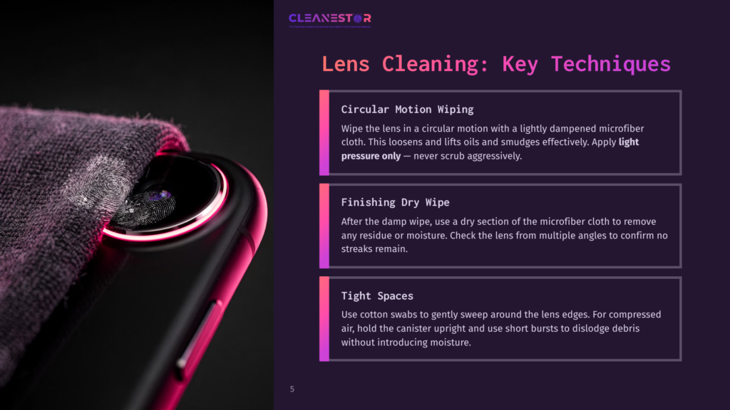 A Smartphone'S Front Camera Is Shown With A Microfiber Cloth, Highlighting Lens Cleaning Techniques In A Dark, Vibrant Layout.