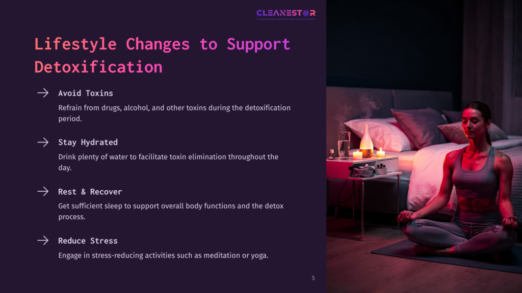 5 Lifestyle Changes To Support Detoxification A Woman Meditates In A Bedroom With Soft Lighting, A Diffuser, And Candles. Text On The Left Lists Lifestyle Changes For Detoxification: Avoid Toxins, Stay Hydrated, Rest &Amp; Recover, And Reduce Stress.