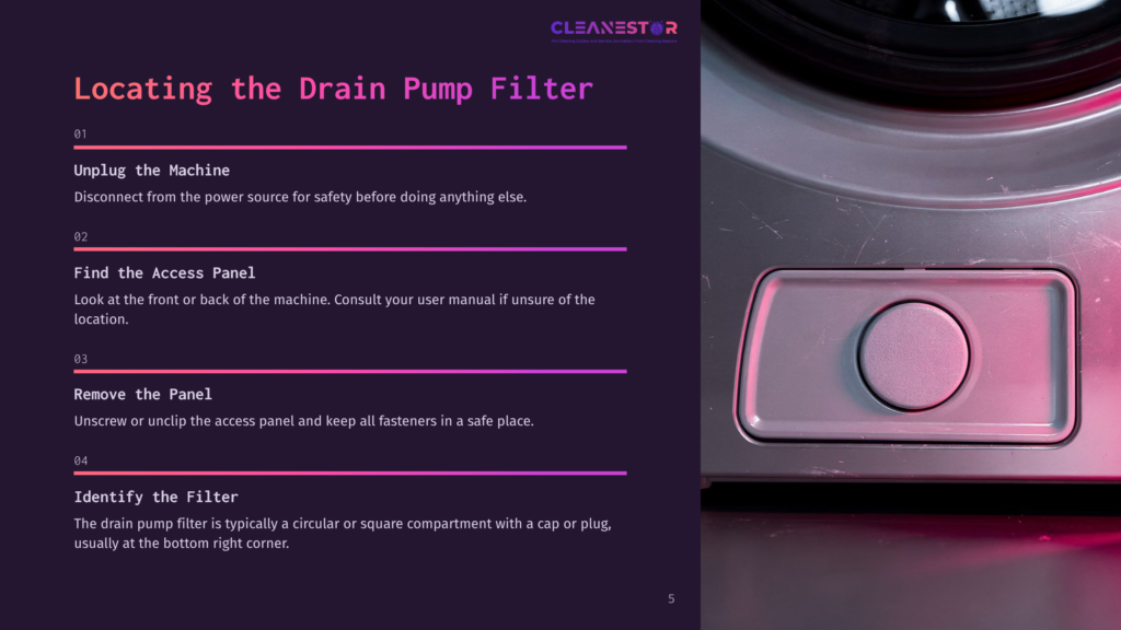 Close-Up Of A Washing Machine Drain Pump Filter Access Panel. The Silver Panel Has A Circular Indentation And Is Illuminated By Pink And Purple Light.