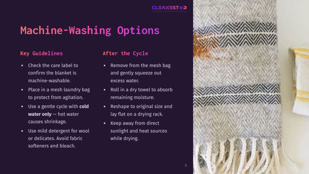 A Cozy Alpaca Blanket With A Herringbone Pattern, Partially Folded, Next To Text On Washing Guidelines And Care Instructions.