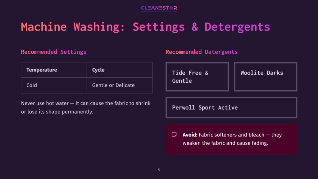 5 Machine Washing Settings And Detergents Infographic On Machine Washing Settings And Detergents, Detailing Recommended Temperatures, Cycles, And Specific Detergent Brands Like Tide Free &Amp; Gentle And Woolite Darks, With A Warning Against Fabric Softeners And Bleach.