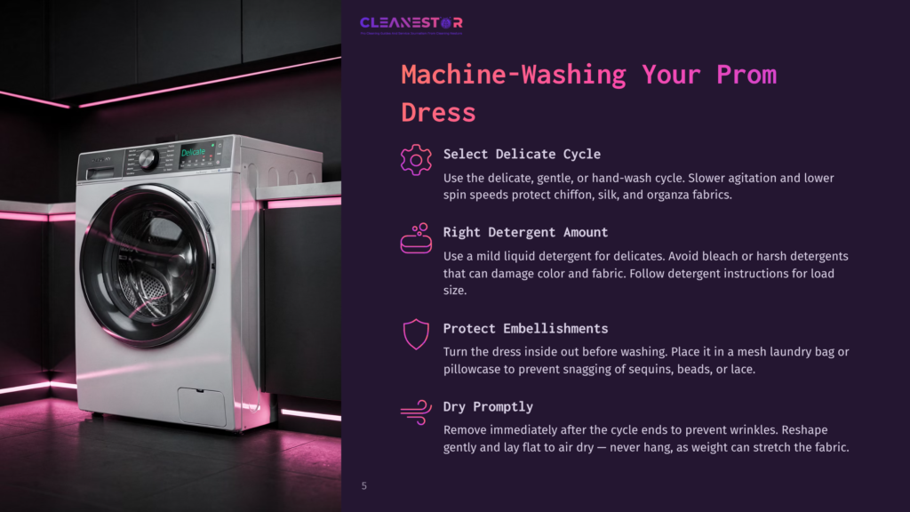 A Modern Washing Machine On The Left, Illuminated By Pink Lighting, With Cleaning Instructions Beside It, Focusing On Delicate Fabrics.