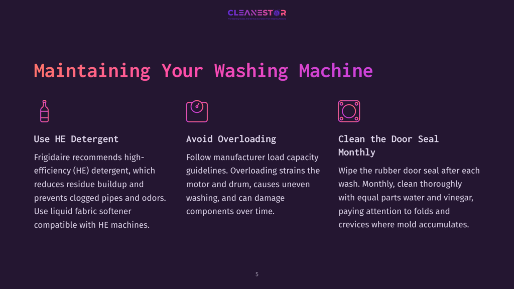 Infographic Titled &Quot;Maintaining Your Washing Machine&Quot; With Three Sections: &Quot;Use He Detergent,&Quot; &Quot;Avoid Overloading,&Quot; And &Quot;Clean The Door Seal Monthly,&Quot; Accompanied By Icons.