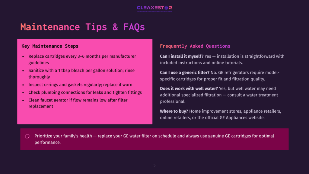 Maintenance Tips And Faqs For Ge Refrigerators, Including Cleaning Schedules, Filter Replacement, And Water Quality Questions, Presented On A Dark Purple Background With A Pink Sidebar.