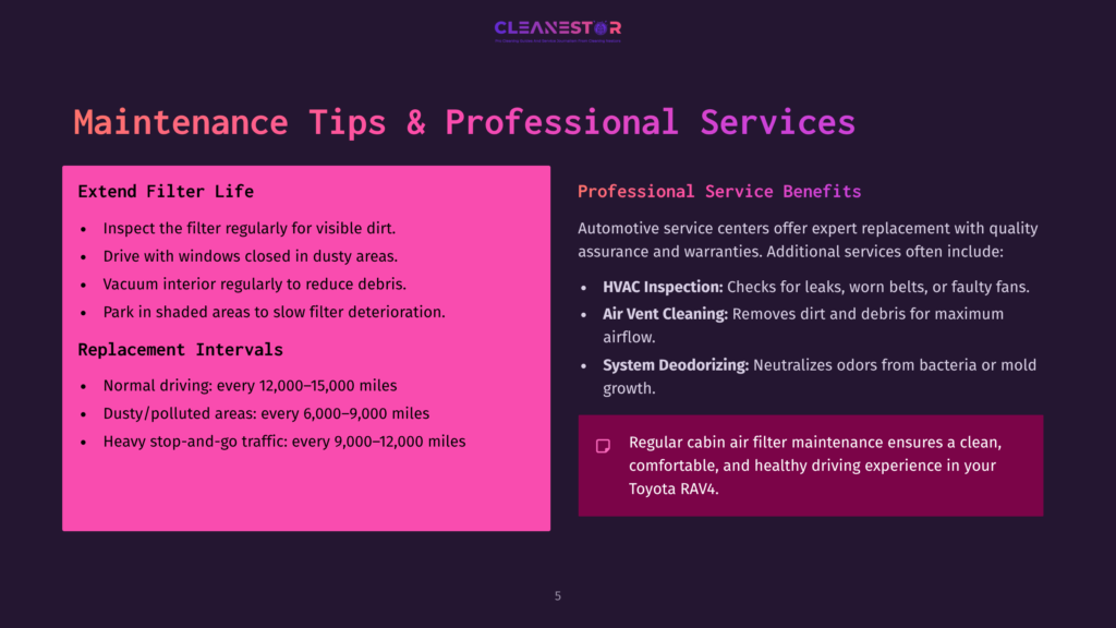 5 Maintenance Tips And Professional Services A Dark Purple Slide With The Title &Quot;Maintenance Tips &Amp; Professional Services&Quot; And Two Columns: &Quot;Extend Filter Life&Quot; With Bullet Points And &Quot;Replacement Intervals&Quot; With Bullet Points, And A Right Column Titled &Quot;Professional Service Benefits&Quot; With Bullet Points And A Box About &Quot;Regular Cabin Air Filter Maintenance&Quot;.