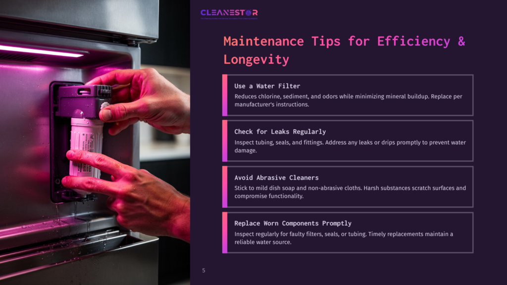 Close-Up Of A Person'S Hands Installing A Purple Water Filter Into A White Appliance, With &Quot;Cleanestor&Quot; Logo And Maintenance Tips Visible On A Dark Background.