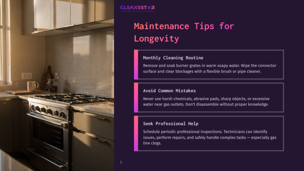 A Modern Kitchen With A Stainless Steel Gas Range And Oven, Featuring Maintenance Tips For Longevity From Cleanestor.