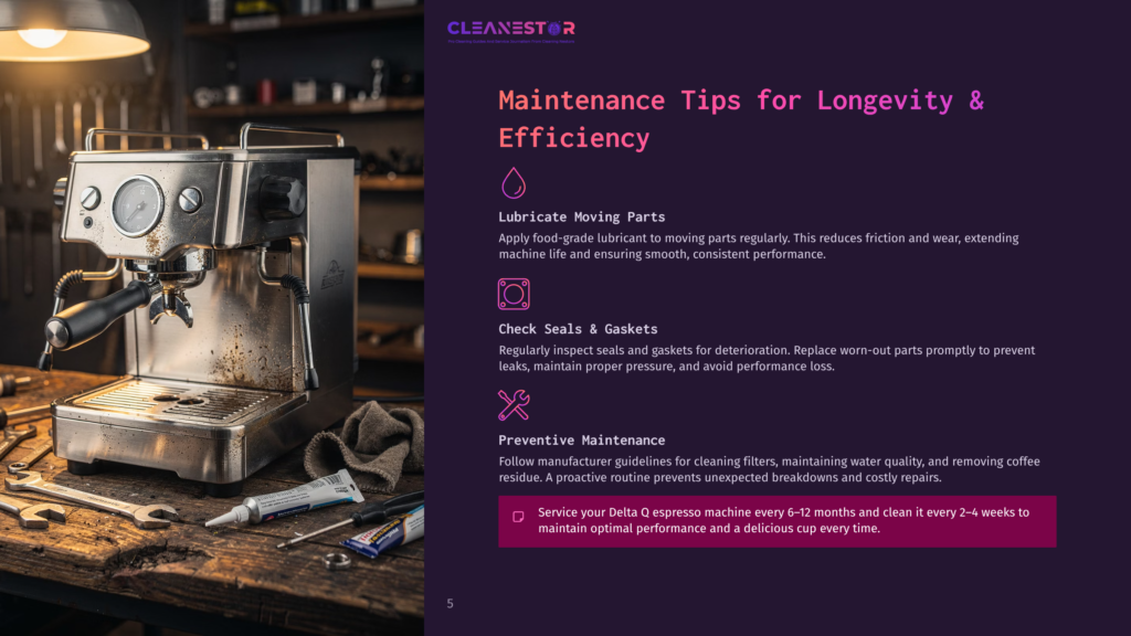 A Vintage-Style Espresso Machine Sits On A Wooden Workbench, Surrounded By Tools And Maintenance Supplies, With Text Overlay &Quot;Maintenance Tips For Longevity &Amp; Efficiency&Quot;.