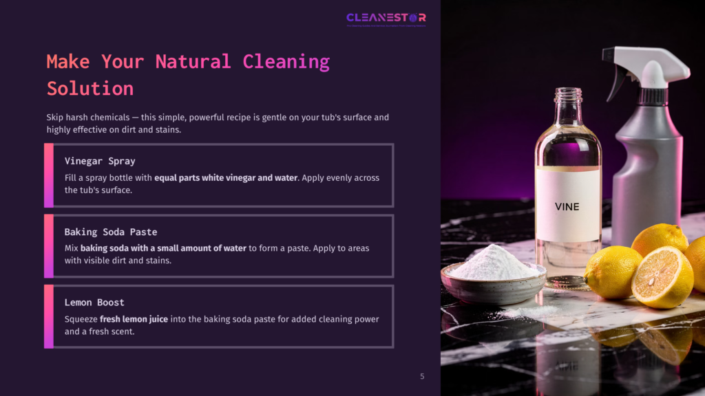 A Bottle Of White Vinegar And A Spray Bottle Sit On A Marble Countertop Next To A Bowl Of Baking Soda And Lemons, With Text Overlay About Natural Cleaning Solutions.