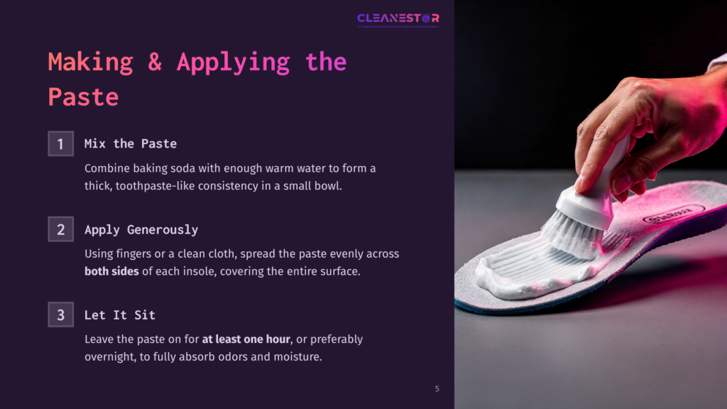 A Hand Holds A White Cleaning Brush Applying A Thick Paste To The Insole Of A Shoe. The Paste Is White And Creamy, Resembling Toothpaste. The Background Is Dark, With Text Overlay On The Left Side Of The Image Detailing How To Make And Apply The Paste.