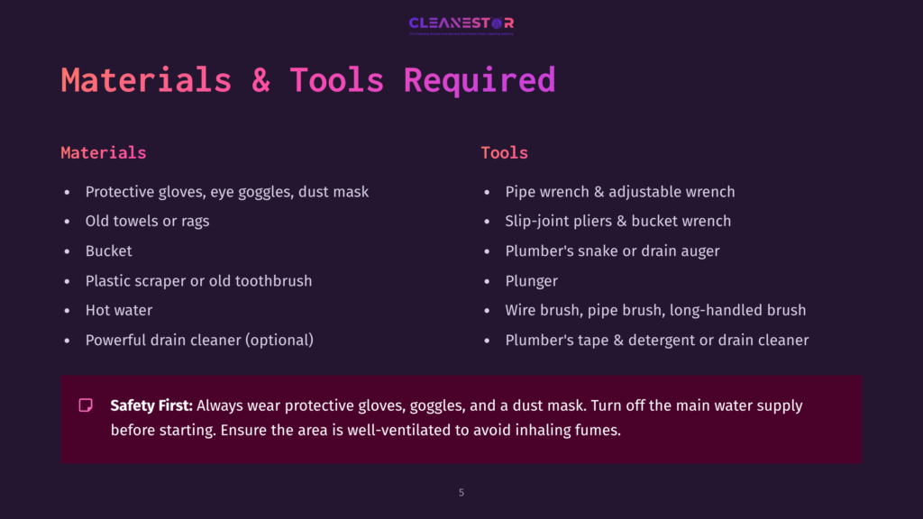 5 Materials And Tools Required List Of Materials And Tools For Cleaning A Drum Trap, Featuring Colorful Headings, Bullet Points, And A Safety Reminder At The Bottom.