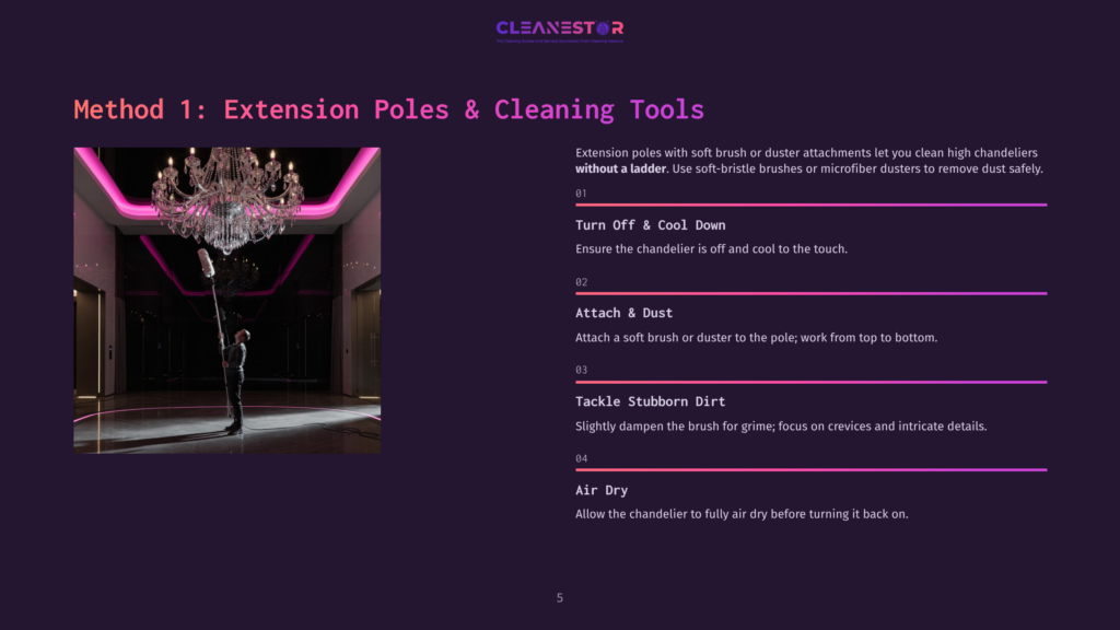5 Method 1 Extension Poles And Cleaning Tools A Person Uses An Extension Pole With A Soft Brush To Clean A Large, Ornate Crystal Chandelier In A Modern Interior Space, Illuminated By Soft Pink And Purple Lights. The Text &Quot;Method 1: Extension Poles &Amp; Cleaning Tools&Quot; Is Visible.