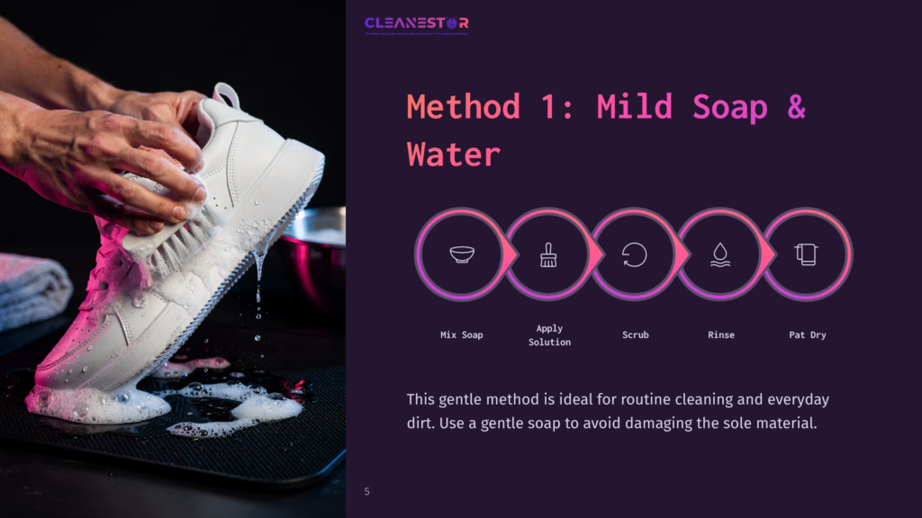 5 Method 1 Mild Soap And Water Method 1: Mild Soap &Amp; Water Shoe Cleaning Guide With Icons Showing Mixing Soap, Applying Solution, Scrubbing, Rinsing, And Pat Drying. A Person'S Hands Are Shown Cleaning A White Sneaker With A Brush And Soap Suds.