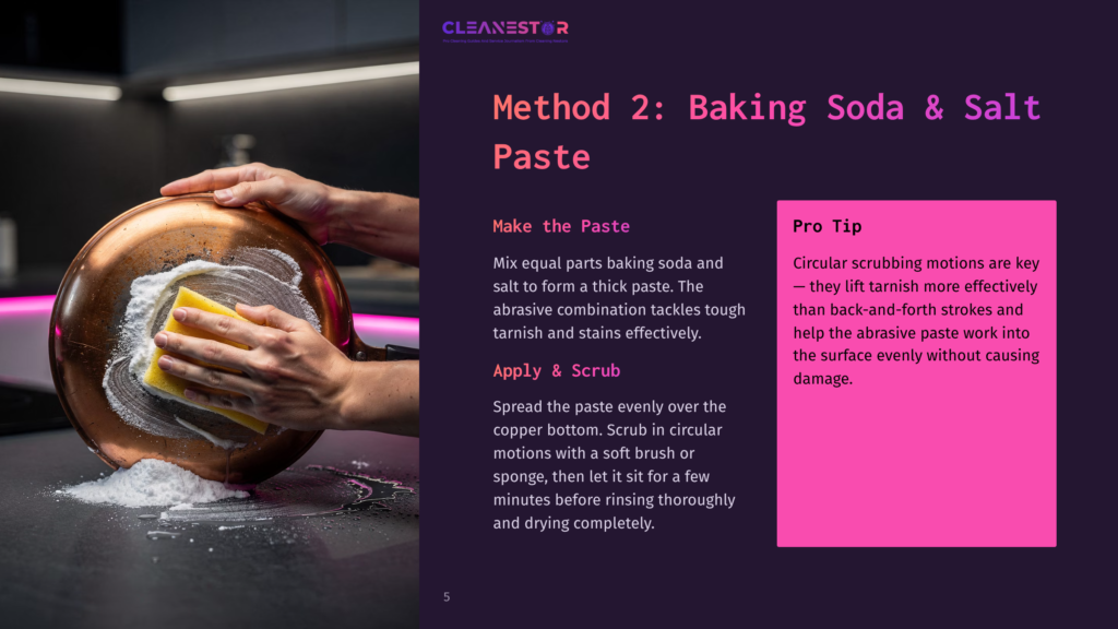 5 Method 2 Baking Soda And Salt Paste Close-Up Of Hands Cleaning A Tarnished Copper Pot With Baking Soda And Salt Paste Using A Yellow Sponge, Showing The Cleaning Process And The &Quot;Cleanestor Method 2: Baking Soda &Amp; Salt Paste&Quot; Text.