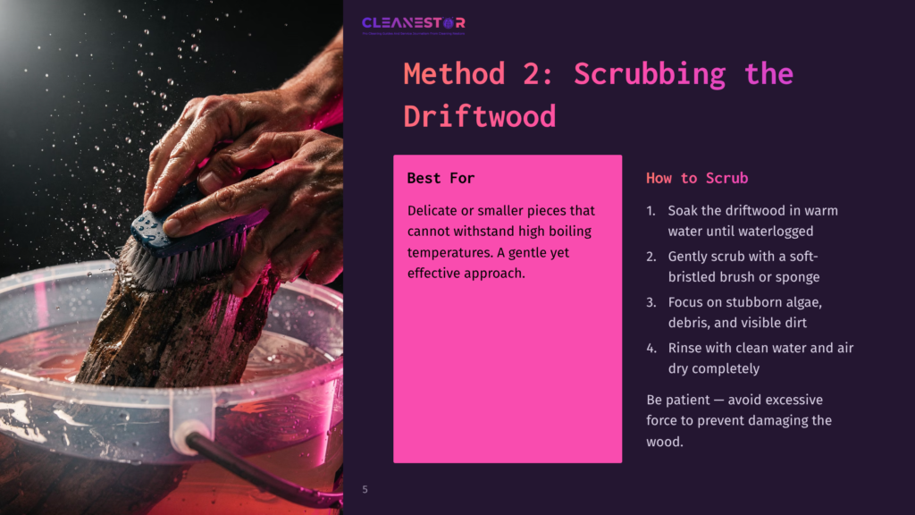 5 Method 2 Scrubbing The Driftwood Person Scrubbing Driftwood In A Pink Bucket With A Sponge, Surrounded By Water Splashes, Demonstrating A Cleaning Method.