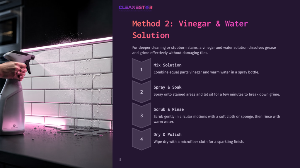 Method 2: Vinegar &Amp; Water Cleaning Solution Being Sprayed Onto White Subway Tile Backsplash. The Solution Is Shown In A Spray Bottle With A Blue Trigger, Creating A Mist That Is Beginning To Drip Down The Tiles.