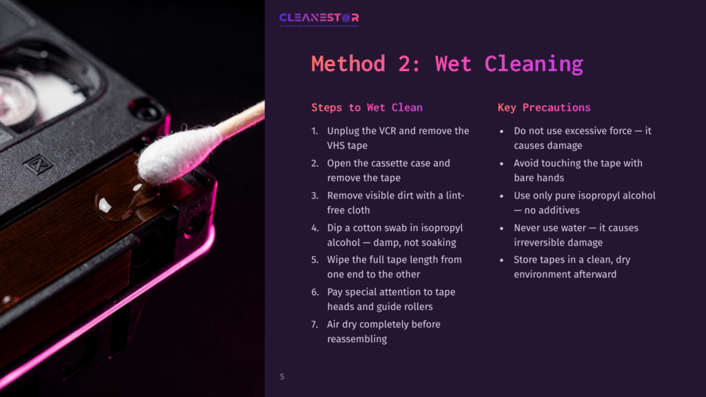 5 Method 2 Wet Cleaning Close-Up Of A Cotton Swab With A Drop Of Liquid, Gently Cleaning The Magnetic Tape Of A Vhs Cassette. Text Reads &Quot;Cleanestor Method 2: Wet Cleaning&Quot;.
