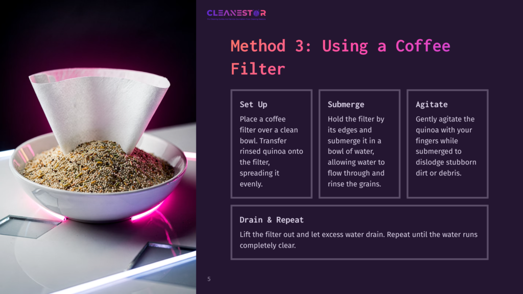 A Bowl Of Quinoa Surrounded By A Coffee Filter, With Text Instructions On Cleaning Quinoa And A Pink Gradient Background.