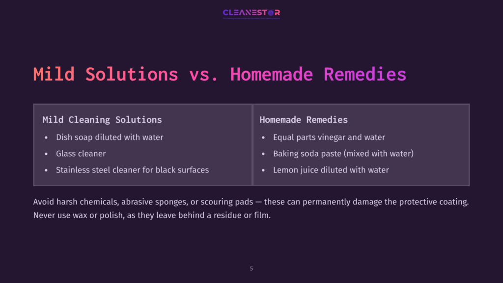 5 Mild Solutions Vs Homemade Remedies Comparison Slide Titled &Quot;Mild Solutions Vs. Homemade Remedies&Quot; Lists Mild Cleaning Solutions Like Dish Soap And Glass Cleaner, And Homemade Remedies Like Vinegar And Baking Soda, With A Warning About Harsh Chemicals.