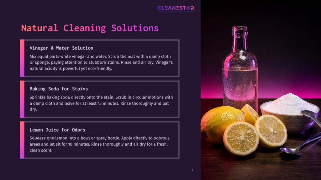 Close-Up Of A Glass Bottle Filled With Liquid Beside A Bowl Of White Powder, Lemons, And Cleaning Instructions On A Dark Background.