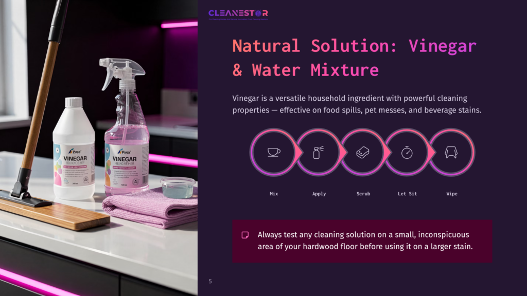 5 Natural Solution Vinegar And Water Mixture A Bottle Of Vinegar Cleaner And Spray On A Countertop, With A Purple Cloth, Cleaning Tools, And A Purple-Lit Background.
