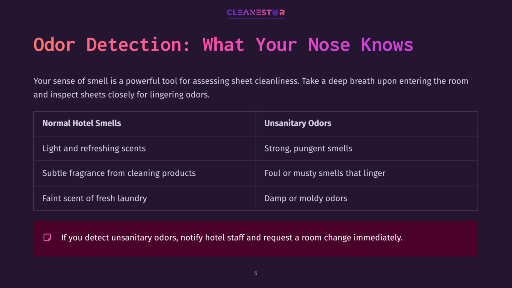 5 Odor Detection What Your Nose Knows A Table With Two Columns: &Quot;Normal Hotel Smells&Quot; And &Quot;Unsanitary Odors.&Quot; The &Quot;Normal Hotel Smells&Quot; Column Lists Light, Refreshing Scents, Subtle Fragrance From Cleaning Products, And Faint Scent Of Fresh Laundry. The &Quot;Unsanitary Odors&Quot; Column Lists Strong, Pungent Smells, Foul Or Musty Smells, And Damp Or Moldy Odors. A Text Box Below The Table Reads: &Quot;If You Detect Unsanitary Odors, Notify Hotel Staff And Request A Room Change Immediately.