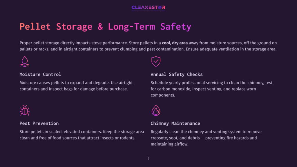Cleanestor Logo With &Quot;Pellet Storage &Amp; Long-Term Safety&Quot; Title, Followed By Icons And Text Detailing Moisture Control, Annual Safety Checks, Pest Prevention, And Chimney Maintenance For Safe Pellet Stove Operation.
