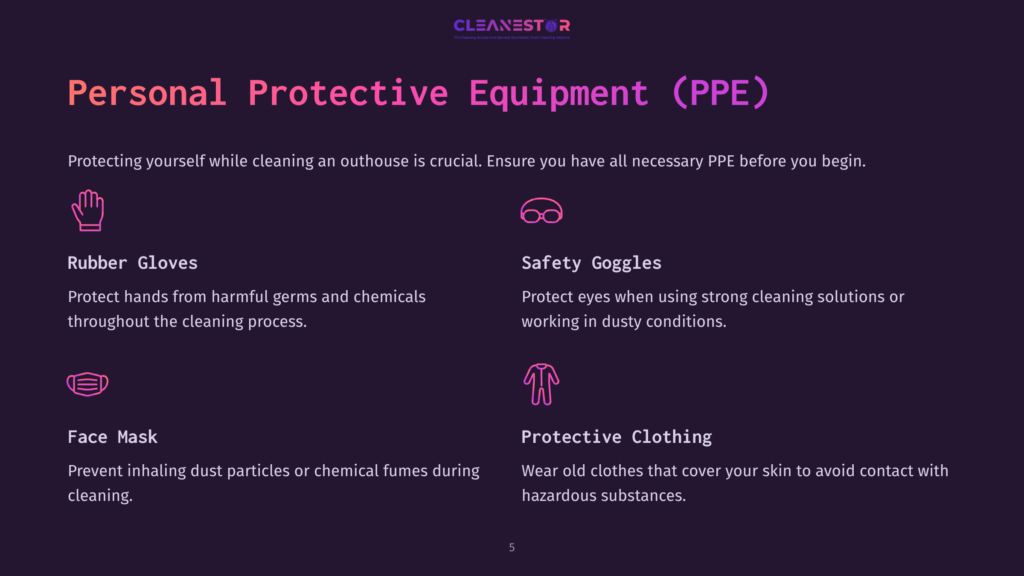 A Slide Detailing Personal Protective Equipment For Cleaning An Outhouse, Featuring Icons For Rubber Gloves, Safety Goggles, A Mask, And Protective Clothing, With A Purple And Pink Color Scheme.