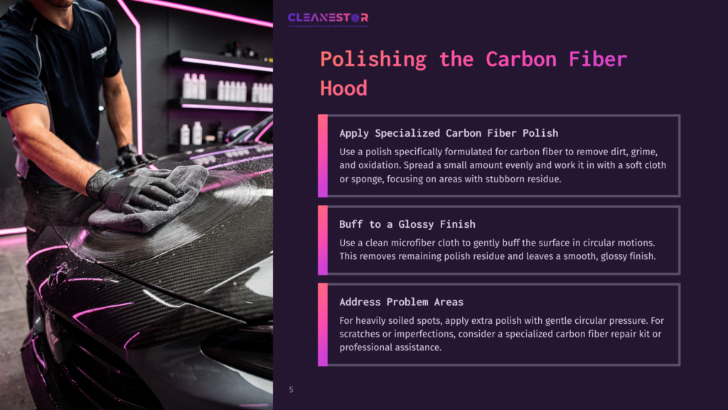 Polishing A Carbon Fiber Car Hood With A Microfiber Cloth, Showing Steps For Applying Specialized Polish, Buffing To A Gloss, And Addressing Problem Areas.