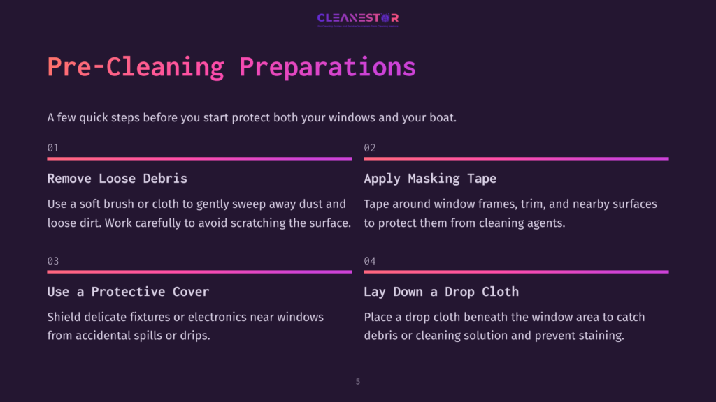 5 Pre Cleaning Preparations The Cleanestor Logo Is At The Top Of A Dark Purple Slide With The Title &Quot;Pre-Cleaning Preparations&Quot; In Large White And Pink Text. Below The Title, Four Numbered Steps Are Outlined With Descriptive Text: 1. Remove Loose Debris, 2. Apply Masking Tape, 3. Use A Protective Cover, And 4. Lay Down A Drop Cloth.