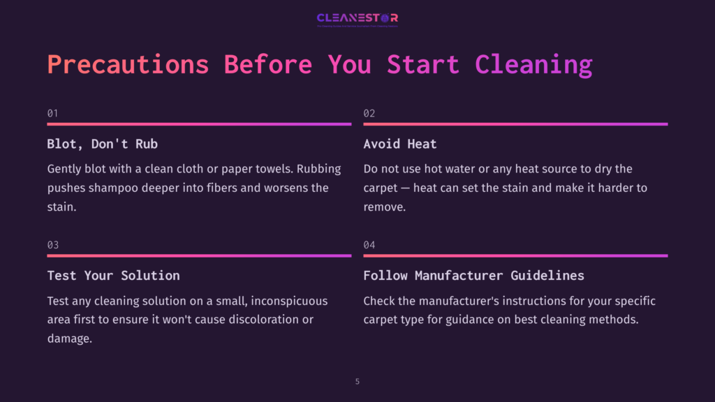 Text On A Dark Background Provides Cleaning Precautions: Blot Stains, Avoid Heat, Test Solutions, And Follow Manufacturer Guidelines.