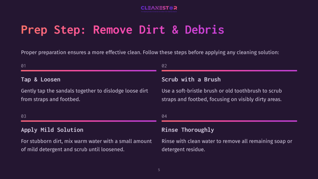 Graphic With Text: &Quot;Prep Step: Remove Dirt &Amp; Debris.&Quot; Steps Include Tap &Amp; Loosen, Scrub With A Brush, Apply Mild Solution, And Rinse Thoroughly. Instructions For Cleaning Sandals.