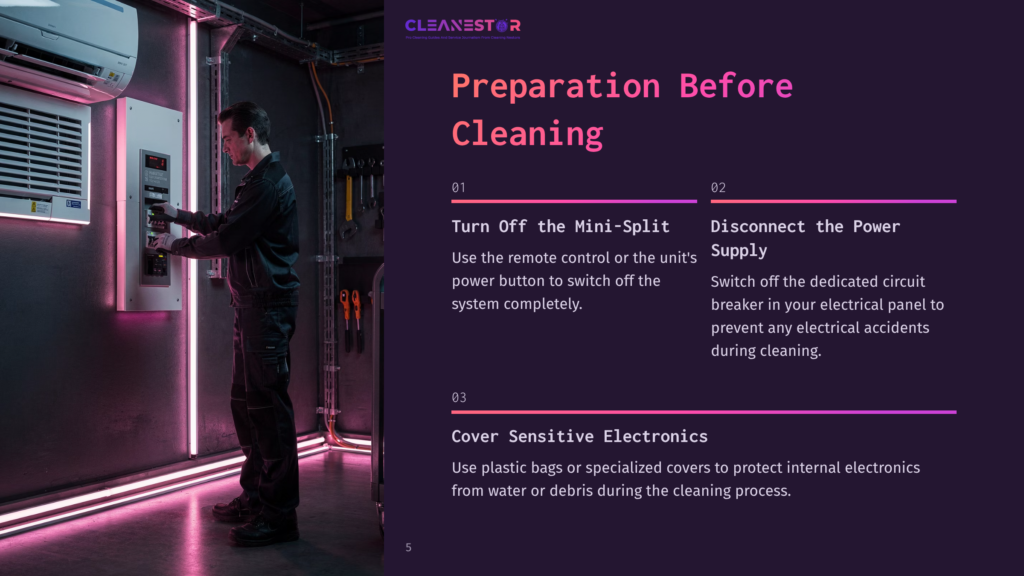 5 Preparation Before Cleaning A Technician In A Black Uniform Disconnects A Mini-Split Air Conditioner Unit, With Text Overlay &Quot;Cleanestor Preparation Before Cleaning&Quot; And Instructions For Safe Electrical Disconnection.