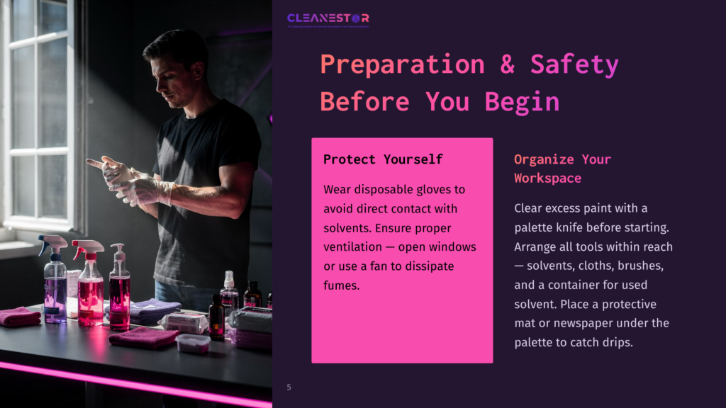 Man In Gloves Prepares For Detailing, With Cleaning Supplies And Cloths Laid Out On A Table. Text Overlay: &Quot;Cleanestor Preparation &Amp; Safety Before You Begin Protect Yourself Organize Your Workspace&Quot;.