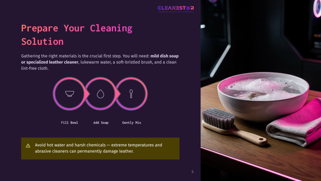 5 Prepare Your Cleaning Solution Illustration Showing Three Steps To Create A Cleaning Solution: A Bowl With Water, A Bowl With Soap, And A Bowl With A Mixed Solution, With Text Guiding The Preparation Of Mild Dish Soap And Specialized Leather Cleaner For Cleaning Leather Items.