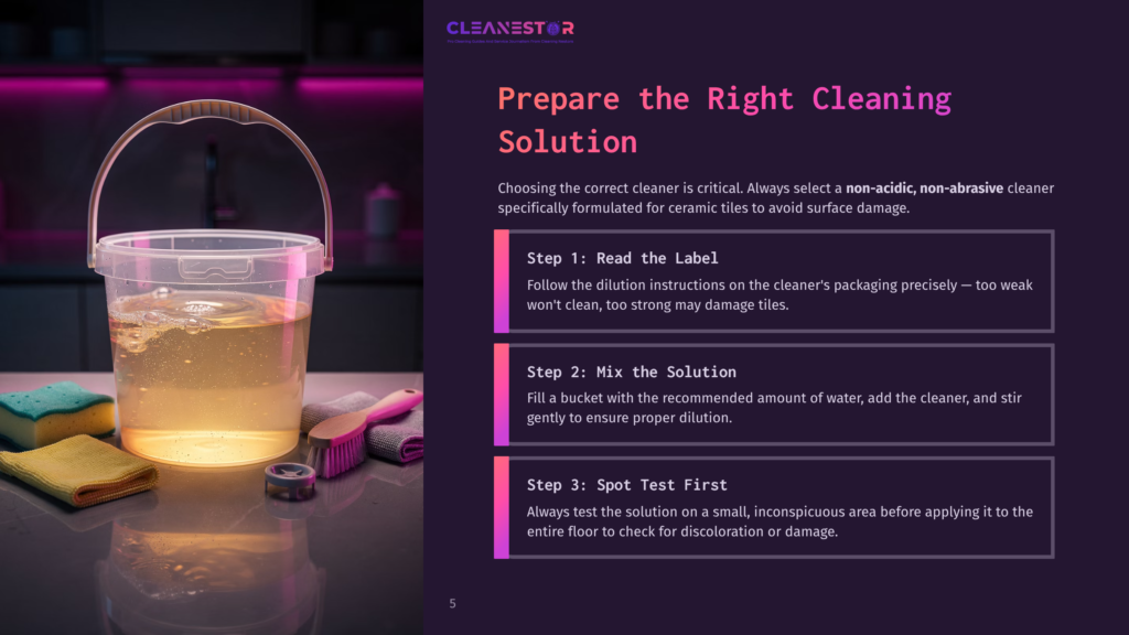 A Clear Plastic Bucket Filled With Diluted Cleaning Solution Sits On A Surface Next To Cleaning Sponges And Brushes. Instructions For Preparing A Cleaning Solution Are Displayed On The Right Side Of The Image, With Text Reading &Quot;Prepare The Right Cleaning Solution.