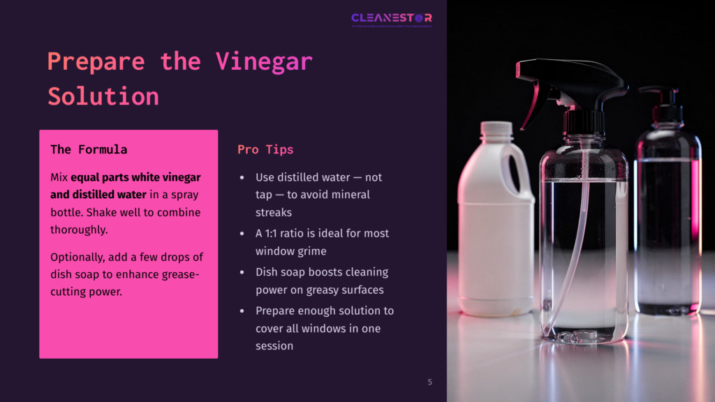 Two Spray Bottles And A Jug Of Liquid On A Contrasting Background, With Text Outlining A Vinegar Cleaning Solution And Helpful Tips.