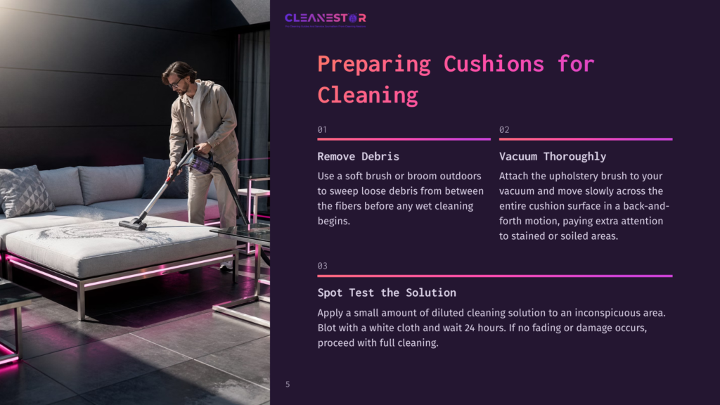 Man In Beige Suit Vacuuming A Large, White Sectional Sofa With A Purple Light Trim. The Sofa Has Dark Stains On The Cushions. Text Overlay Reads &Quot;Cleanestor&Quot; And &Quot;Preparing Cushions For Cleaning&Quot;.