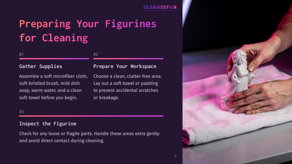 5 Preparing Your Figurines For Cleaning Hands Carefully Clean A Delicate White Porcelain Figurine Of An Angel Holding A Wreath, Using A Soft White Towel. The Background Is Dark With A Purple Glow, And Text Overlays The Left Side Of The Image About Preparing Figurines For Cleaning.