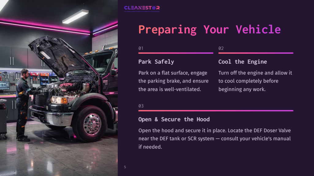 A Mechanic Works On The Open Hood Of A Large Truck In A Brightly Lit Garage, With &Quot;Cleanestor&Quot; And Instructions For Preparing A Vehicle For Service Visible.